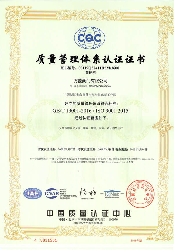 ISO9001質量管理體系認證證書B（中文）